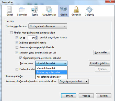 Firefox'ta çerez ayarları