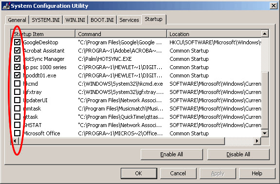 Başlangıç programları, Windows varsayılanları -1